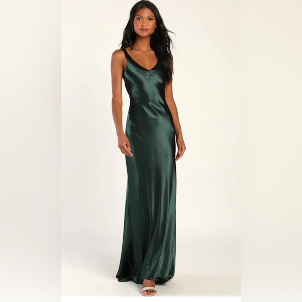 Lulus Elegant Green Satin Gown low back strappy